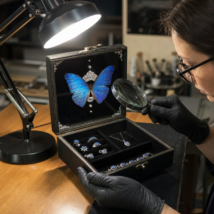 Final artisan quality inspection of handcrafted Blue Morpho butterfly jewelry boxes before shipping