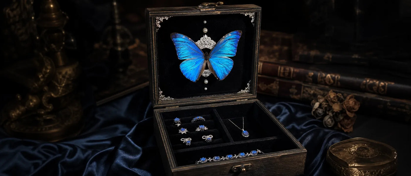 Open Blue Morpho butterfly jewelry box with velvet interior