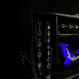 Detailed view of hidden storage drawer inside a handcrafted Blue Morpho butterfly jewelry box.