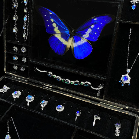 Close-up of ring storage compartment inside a Blue Morpho butterfly jewelry box featuring handmade butterfly wing rings.