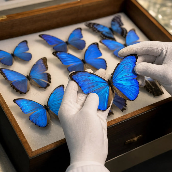 Ethically sourced Blue Morpho butterflies selected for exceptional wing quality and iridescence