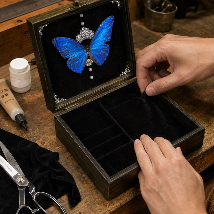 Hand-finishing a luxury butterfly jewelry box with velvet lining and antique-inspired hardware