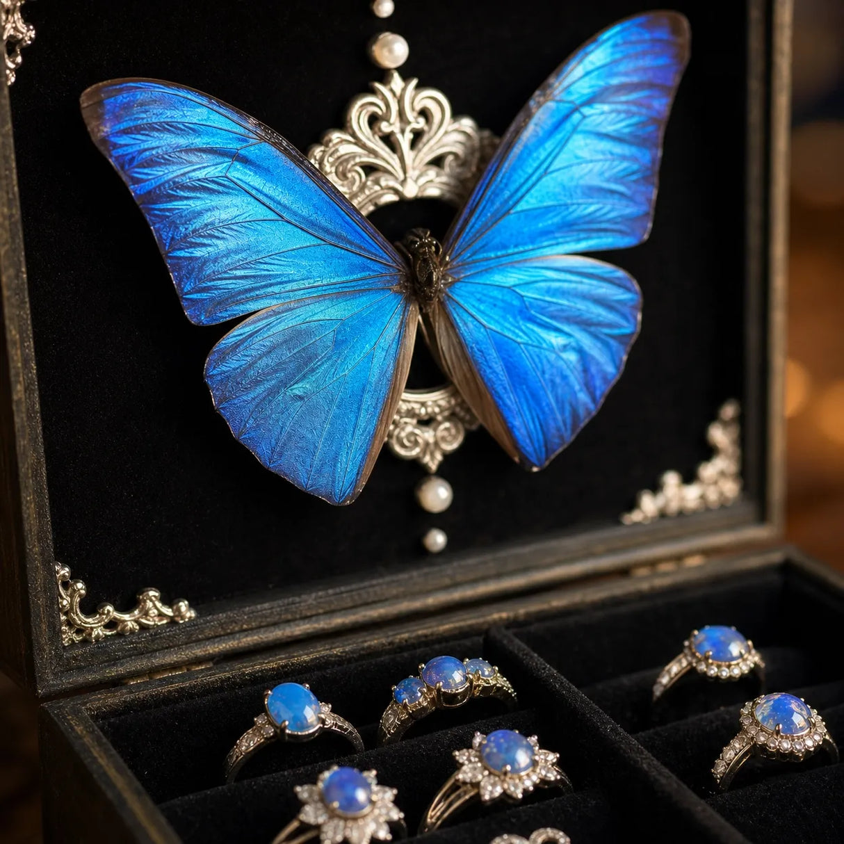 Close-up macro shot of the shimmering metallic blue wings of the Morpho butterfly on the jewelry box lid.