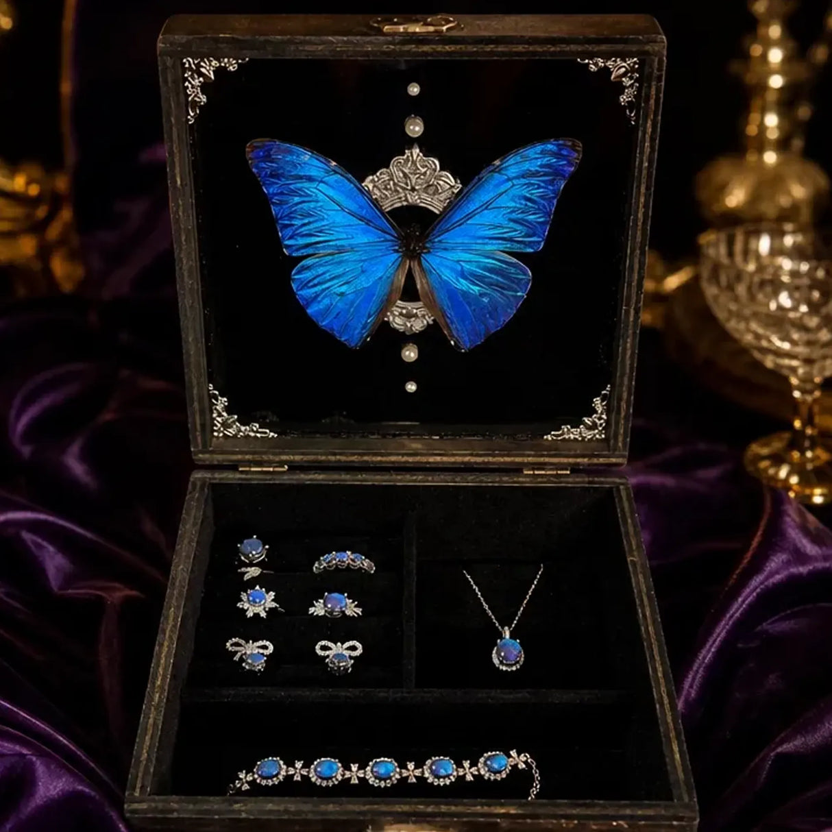 Inside view of Lucimorph butterfly jewelry box showing premium velvet lining and organized storage compartments.