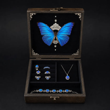 Lucimorph luxury jewelry box featuring a real iridescent Blue Morpho butterfly specimen under glass.