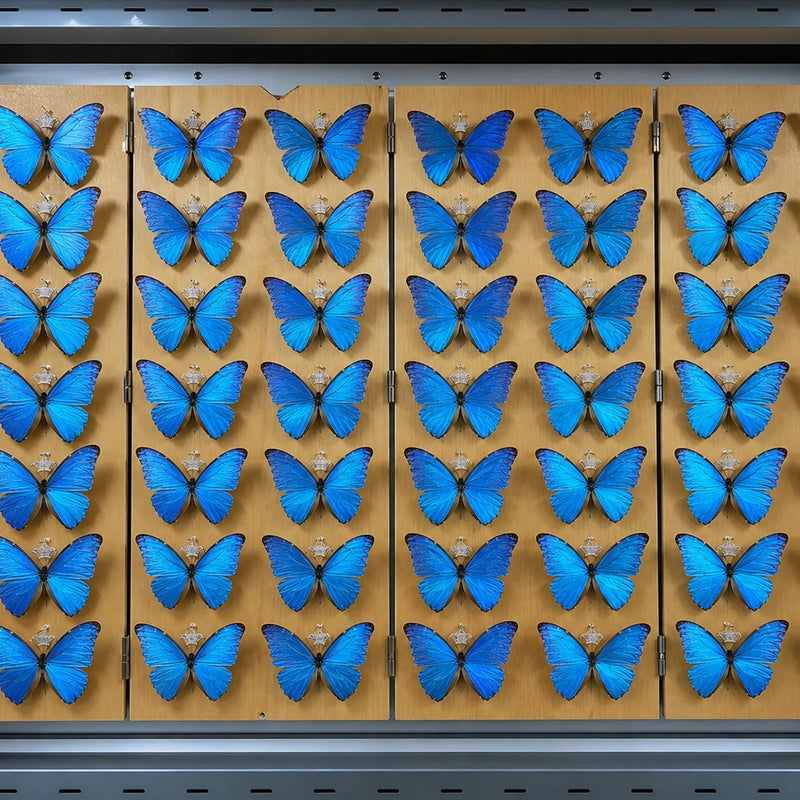 Lucimorph craftsmanship step 1, selecting high-quality Blue Morpho butterfly specimens for preservation