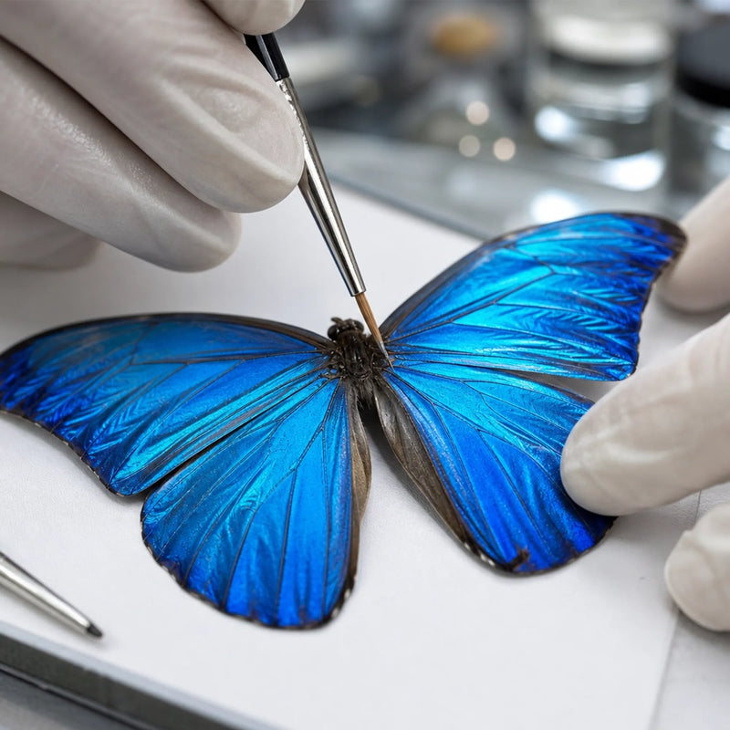 Lucimorph craftsmanship step 2, precise preservation process of iridescent Blue Morpho butterfly wings