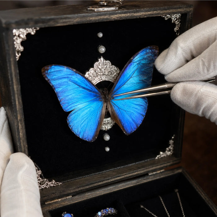 Precision mounting technique used to display the iridescent Blue Morpho butterfly beneath glass