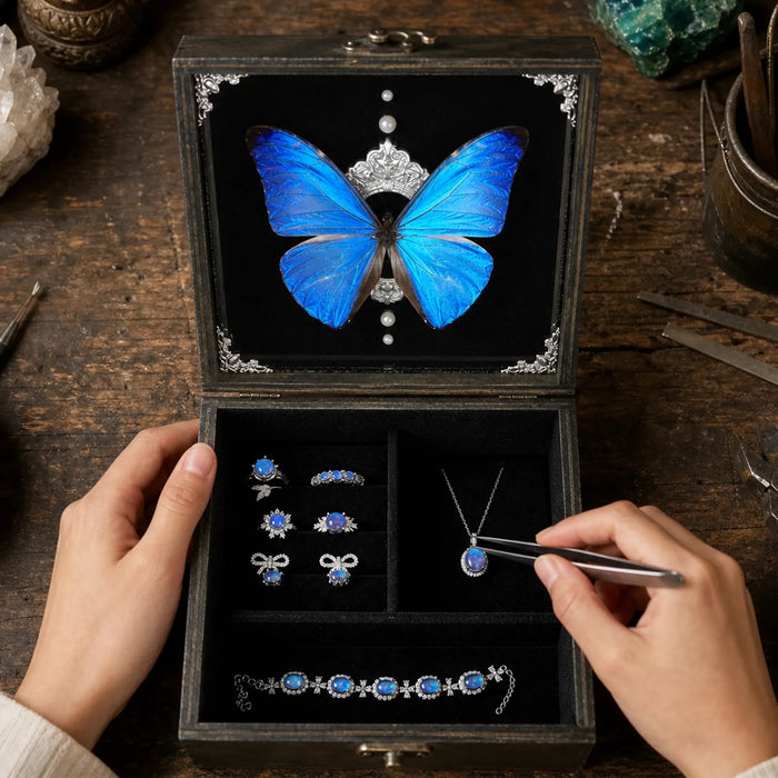 Hand-arranged velvet jewelry compartments designed to complement the butterfly display